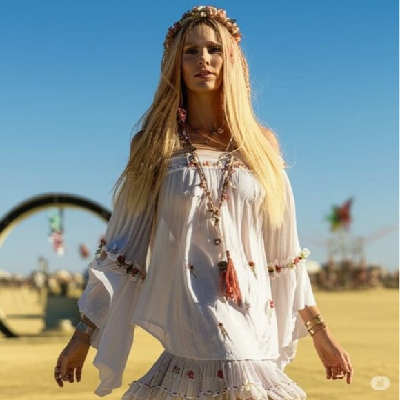 White Whimsy Boho Floral Embroidery Bell Sleeves Off Shoulder Blouse Size M - Picture 1 of 16